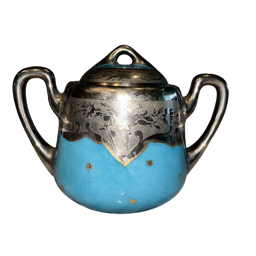 Vintage‎ Brauer Hand Painted Lidded Sugar Bowl Silver Chrome Gold Blue Art Deco
